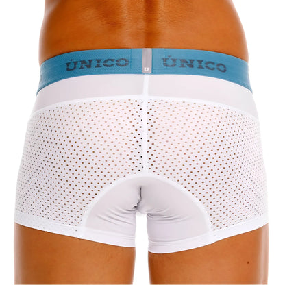 White perforated sedoso trunks with light blue único branded waistband in color 00-white for comfortable wear