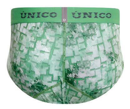 Unico 26020101102 Piramide briefs in green with geometric maze pattern and elastic waistband for men