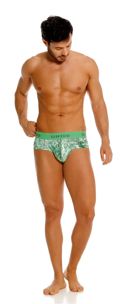 Green patterned unico briefs with solid waistband in color 43-green from the unico 26020101102 piramide line