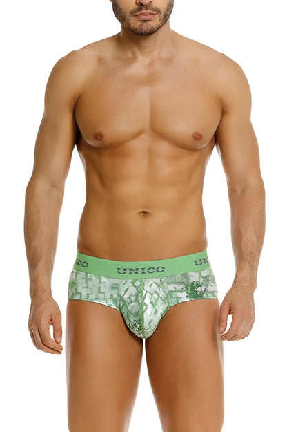 Unico 26020101102 Piramide briefs in green with patterned fabric and solid waistband featuring unico logo