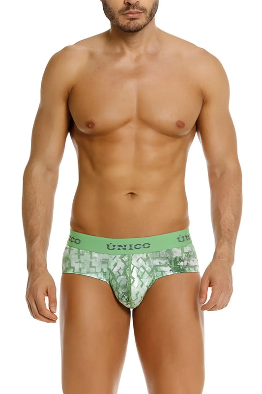 Unico 26020101102 Piramide briefs in green with patterned fabric and solid waistband featuring unico logo
