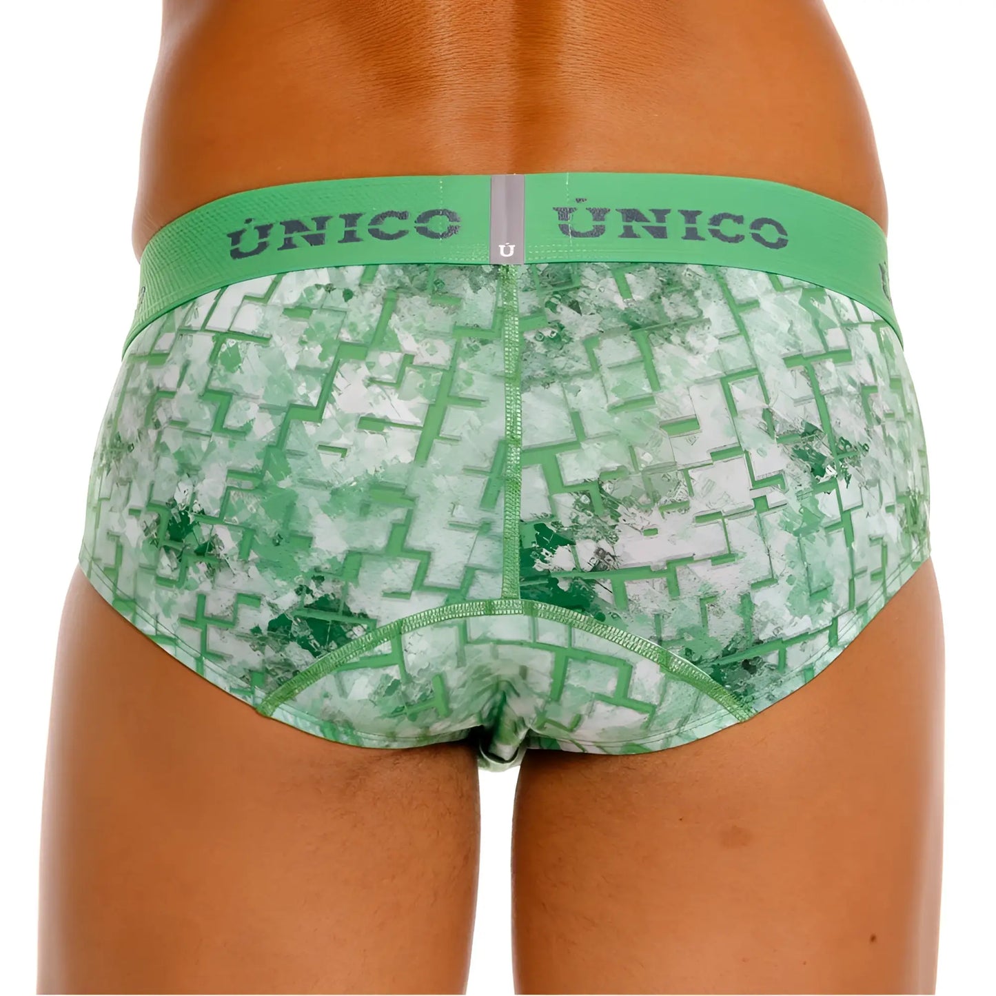 Unico 26020101102 piramide briefs in green with white geometric pattern featuring comfortable stretch fabric