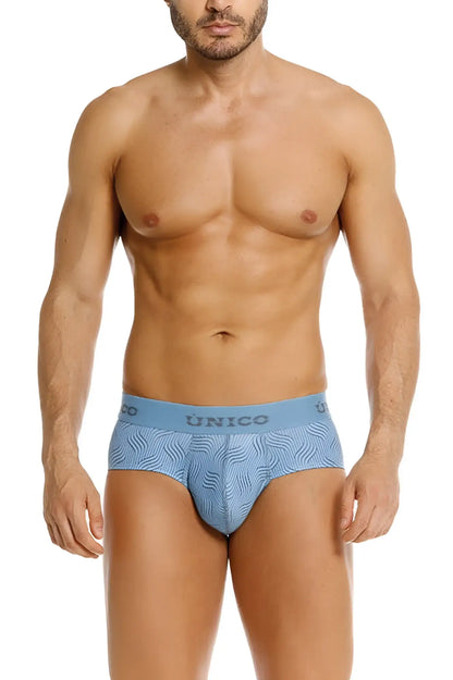 Light blue Unico 26020101111 Lenoso briefs with subtle wave pattern and matching waistband for comfortable wear