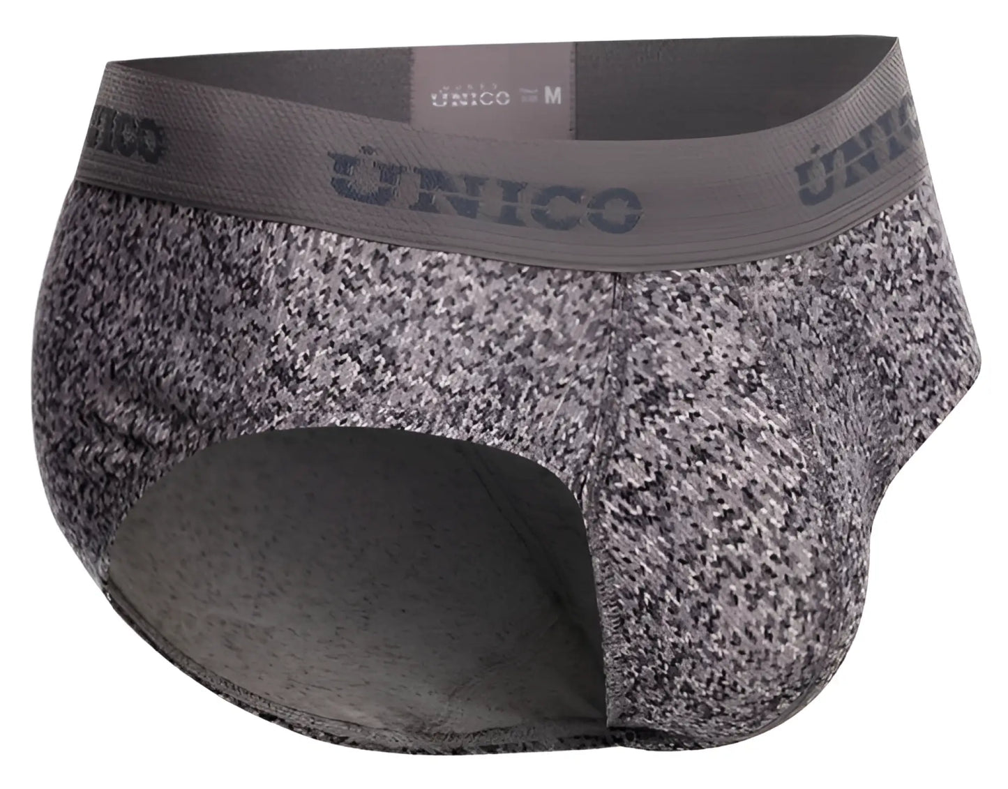 Gray and black speckled suede men’s briefs with matching unico branded elastic waistband color 59-Gray