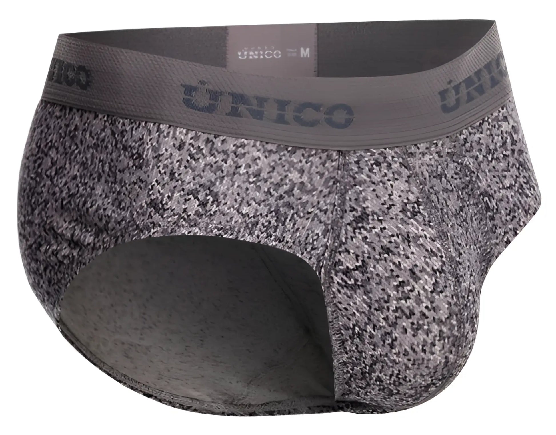 Gray and black speckled suede men’s briefs with matching unico branded elastic waistband color 59-Gray