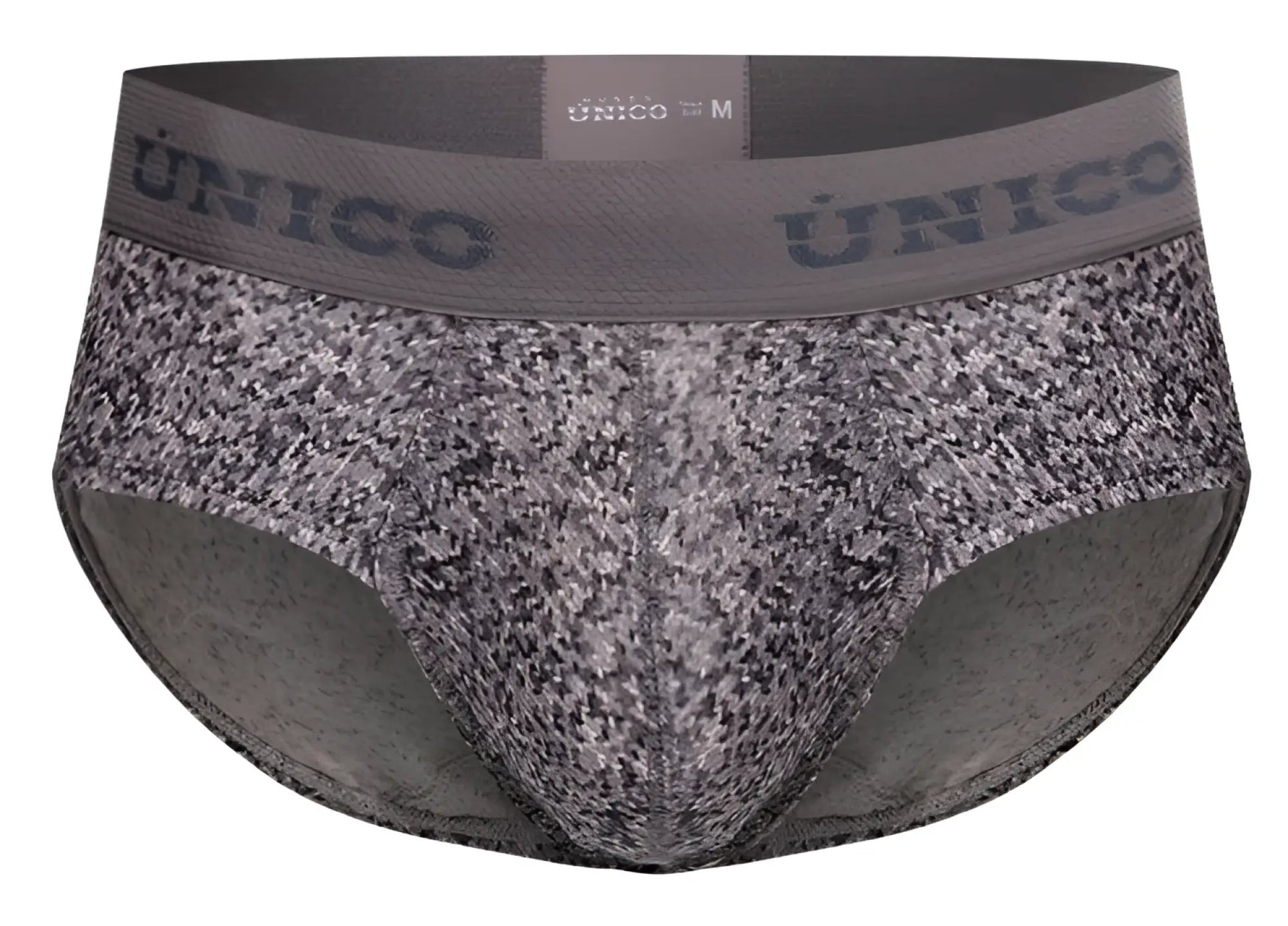 Gray and black speckled men’s suede briefs with solid gray unico waistband in color 59-gray model 26020101114