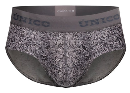 Gray and black speckled men’s suede briefs with solid gray unico waistband in color 59-gray model 26020101114