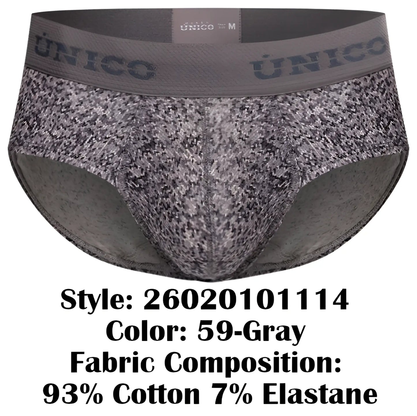 Gray patterned unico suede briefs with textured fabric and elastic waistband for comfortable everyday wear