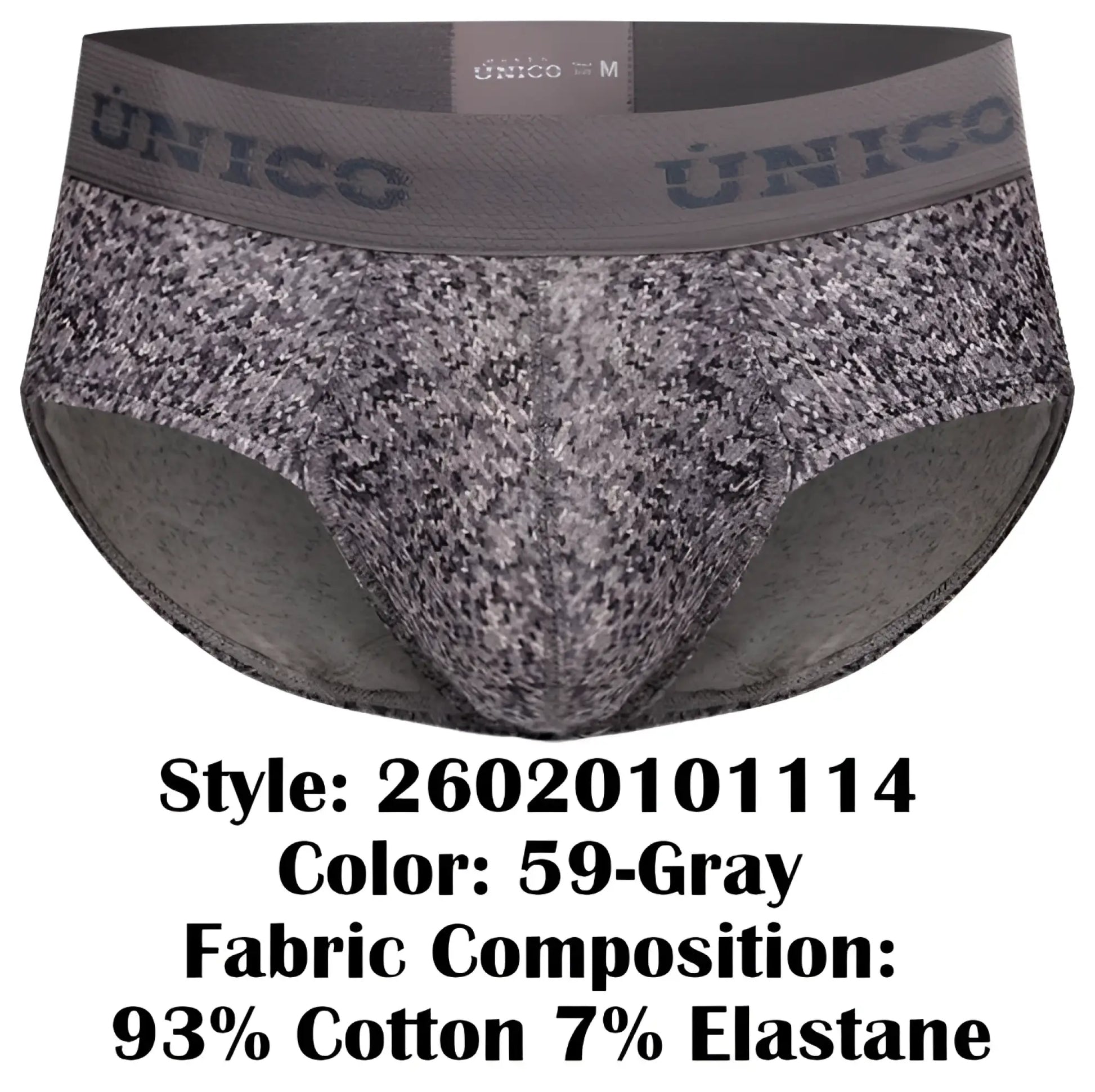 Gray patterned unico suede briefs with textured fabric and elastic waistband for comfortable everyday wear