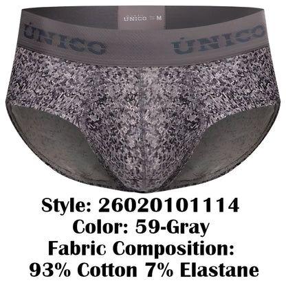 Gray patterned unico suede briefs with textured fabric and elastic waistband for comfortable everyday wear