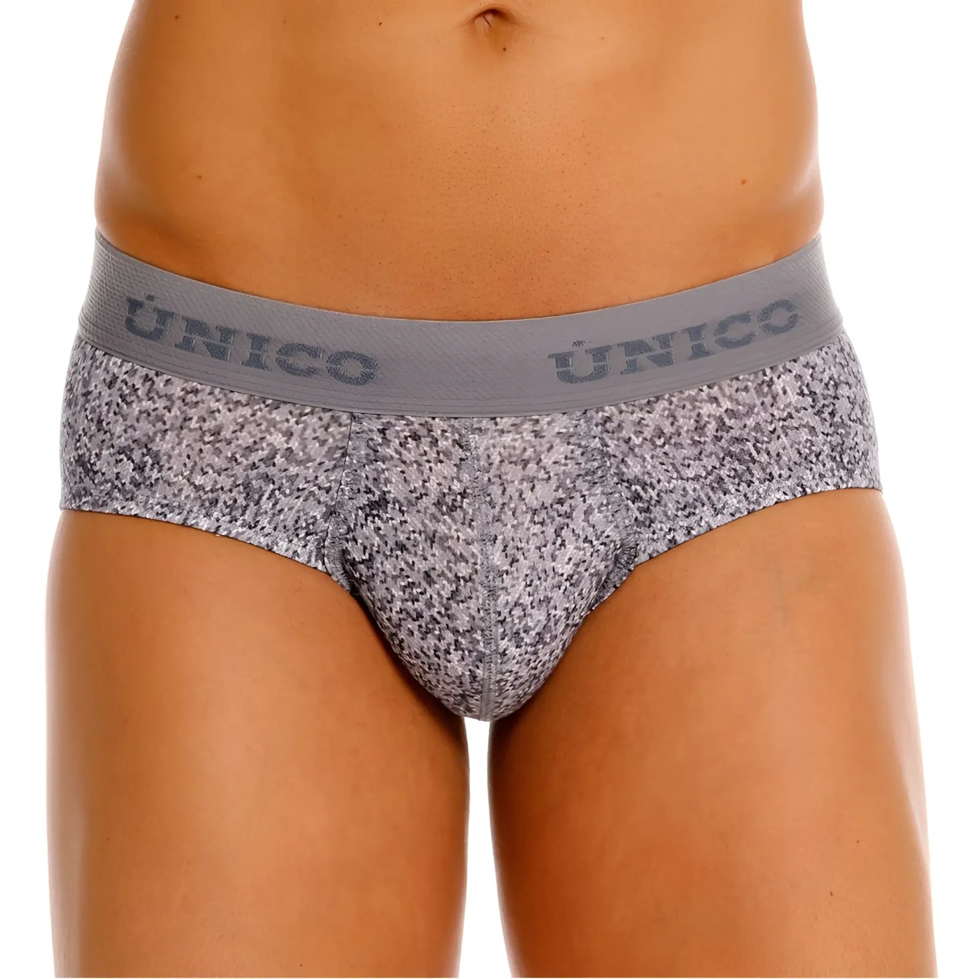Gray patterned suede briefs with a solid gray waistband featuring the único brand name in color 59-gray