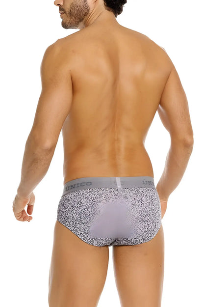 Gray and white speckled suede briefs with gray elastic waistband featuring unico brand name color 59-gray
