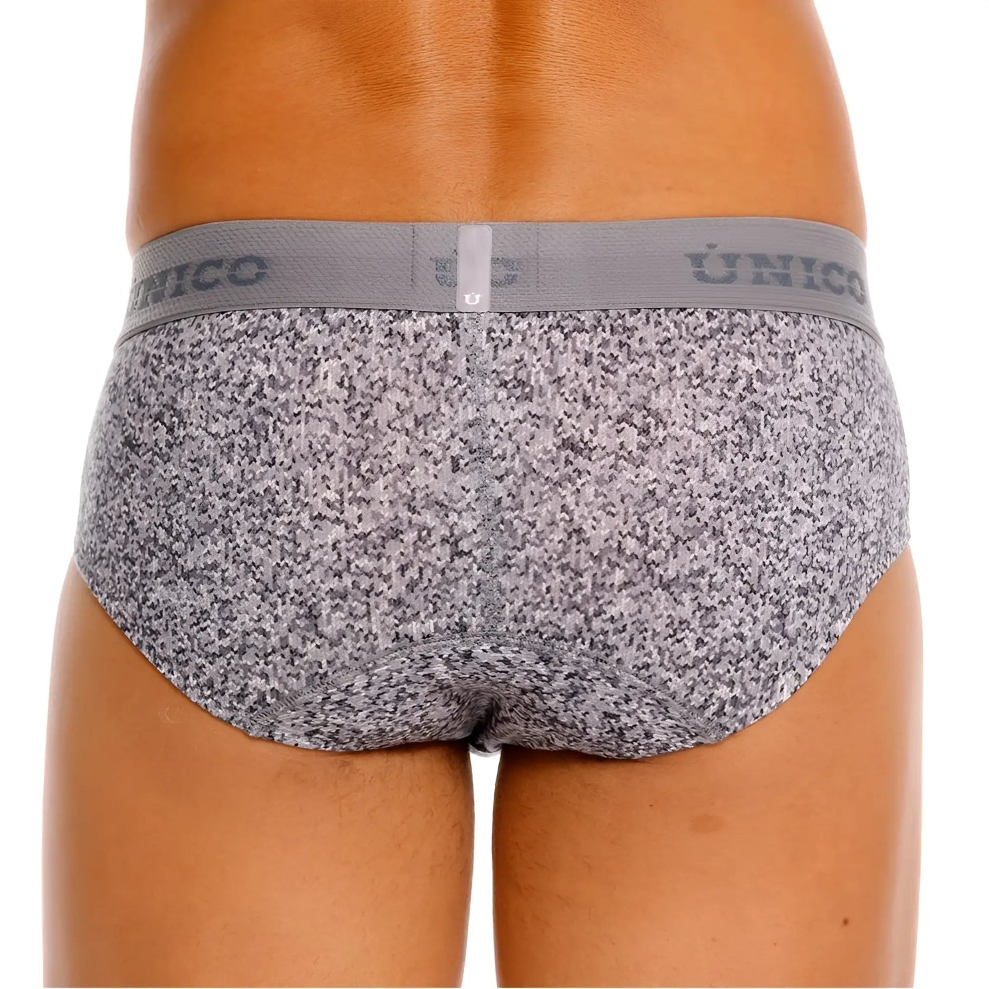 Gray and white speckled suede briefs with matching unico elastic waistband color 59-gray front view