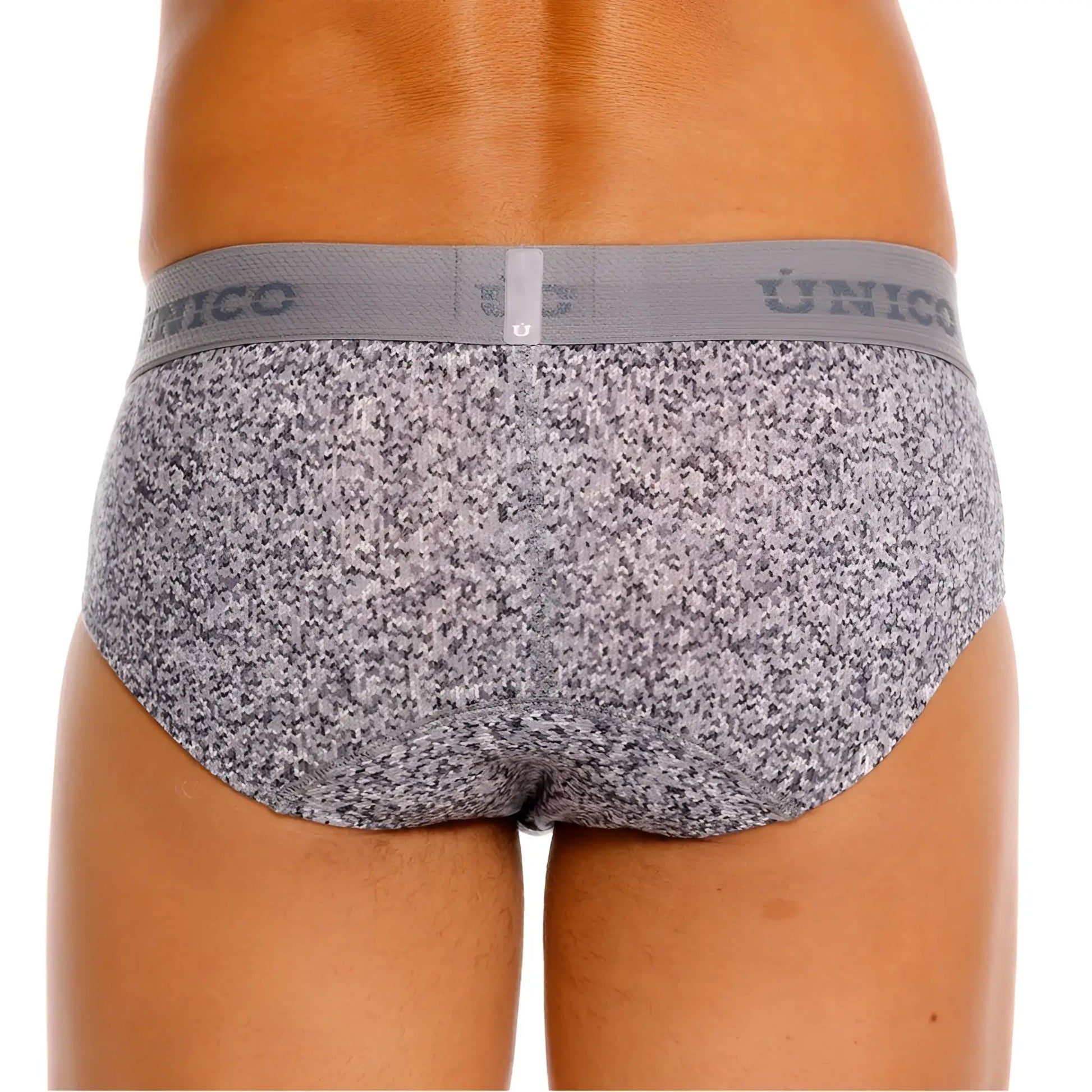 Gray and white speckled suede briefs with matching unico elastic waistband color 59-gray front view