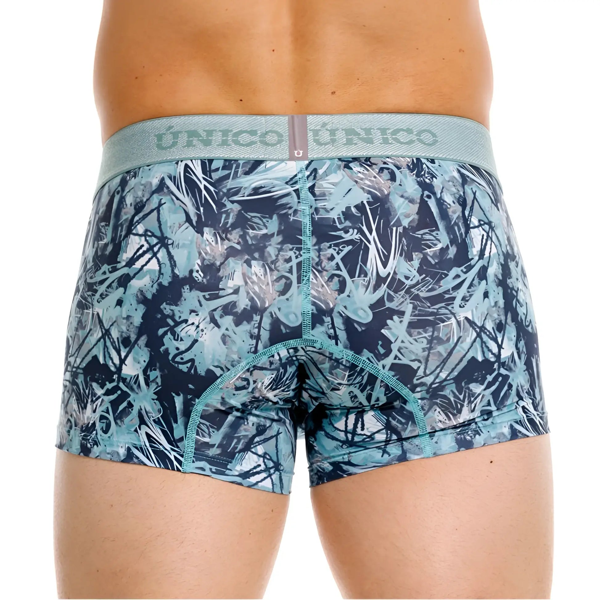 Blue and black graffiti-patterned boxer briefs with light gray unico waistband trunks color 43-blue