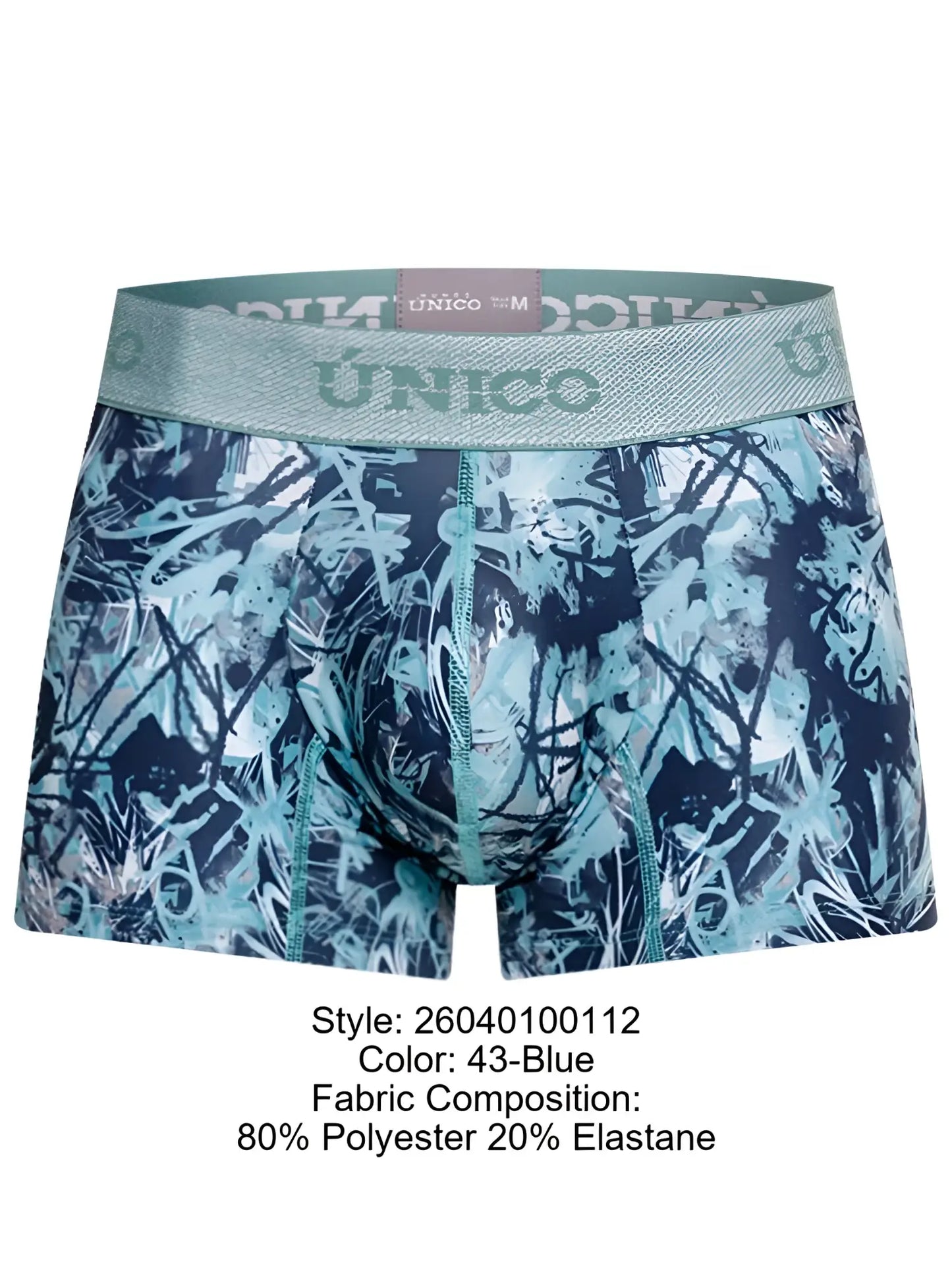 Blue and teal abstract graffiti patterned men’s boxer briefs by único with stretchy branded elastic waistband color 43-blue