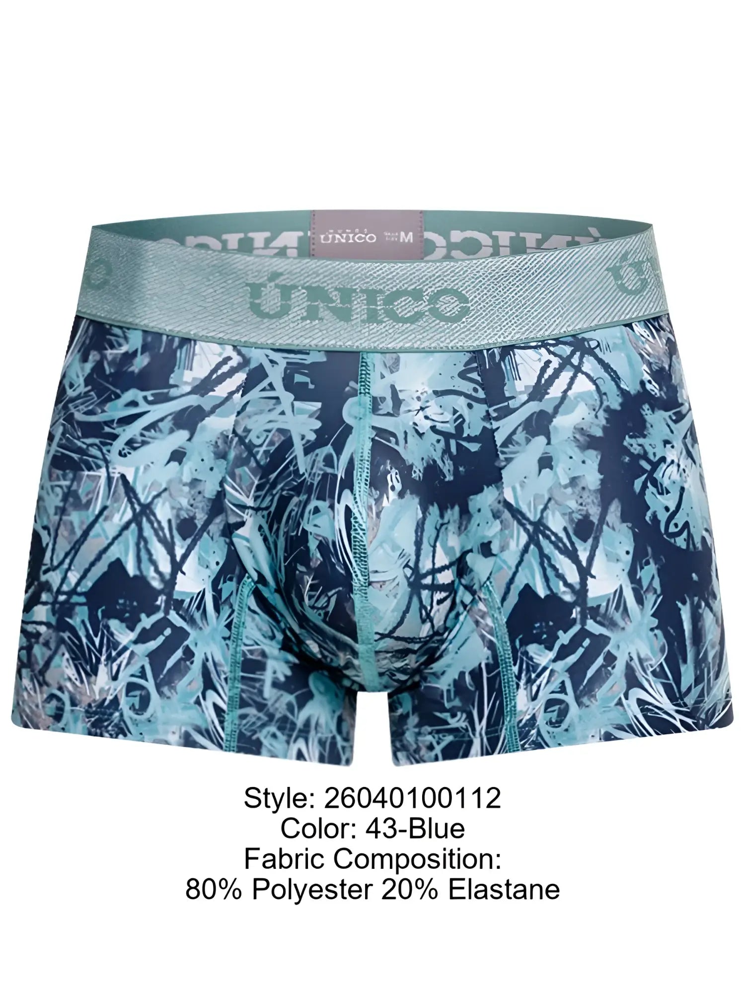 Blue and teal abstract graffiti patterned men’s boxer briefs by único with stretchy branded elastic waistband color 43-blue