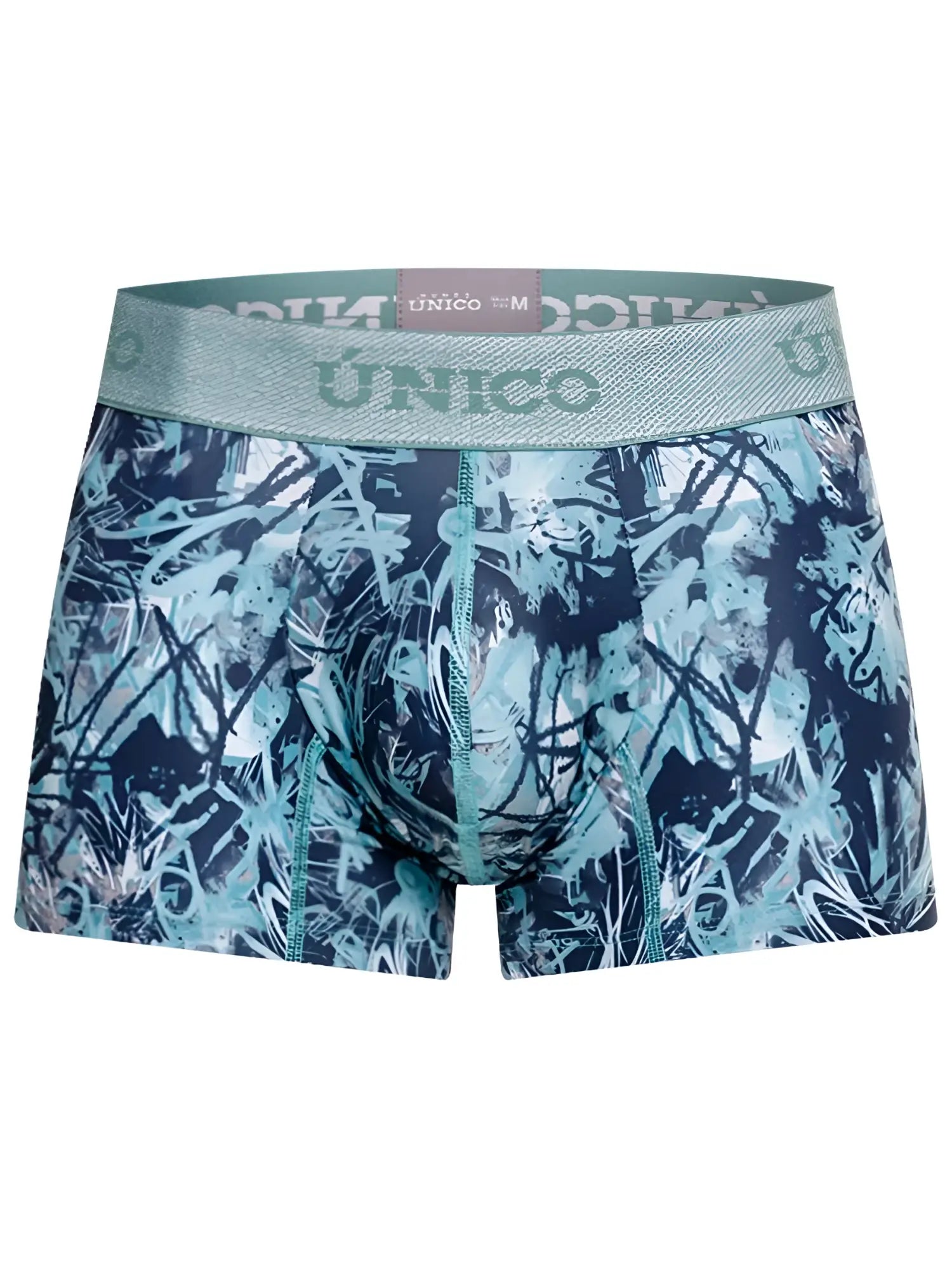 Blue and teal graffiti patterned men’s boxer briefs with matching único logo waistband trunks color 43-blue