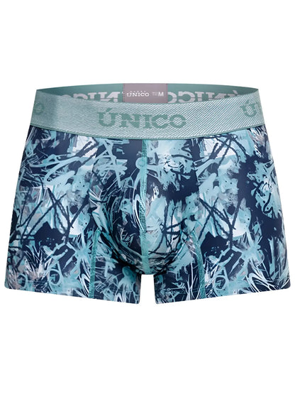 Blue and teal graffiti patterned men’s boxer briefs with matching único logo waistband trunks color 43-blue