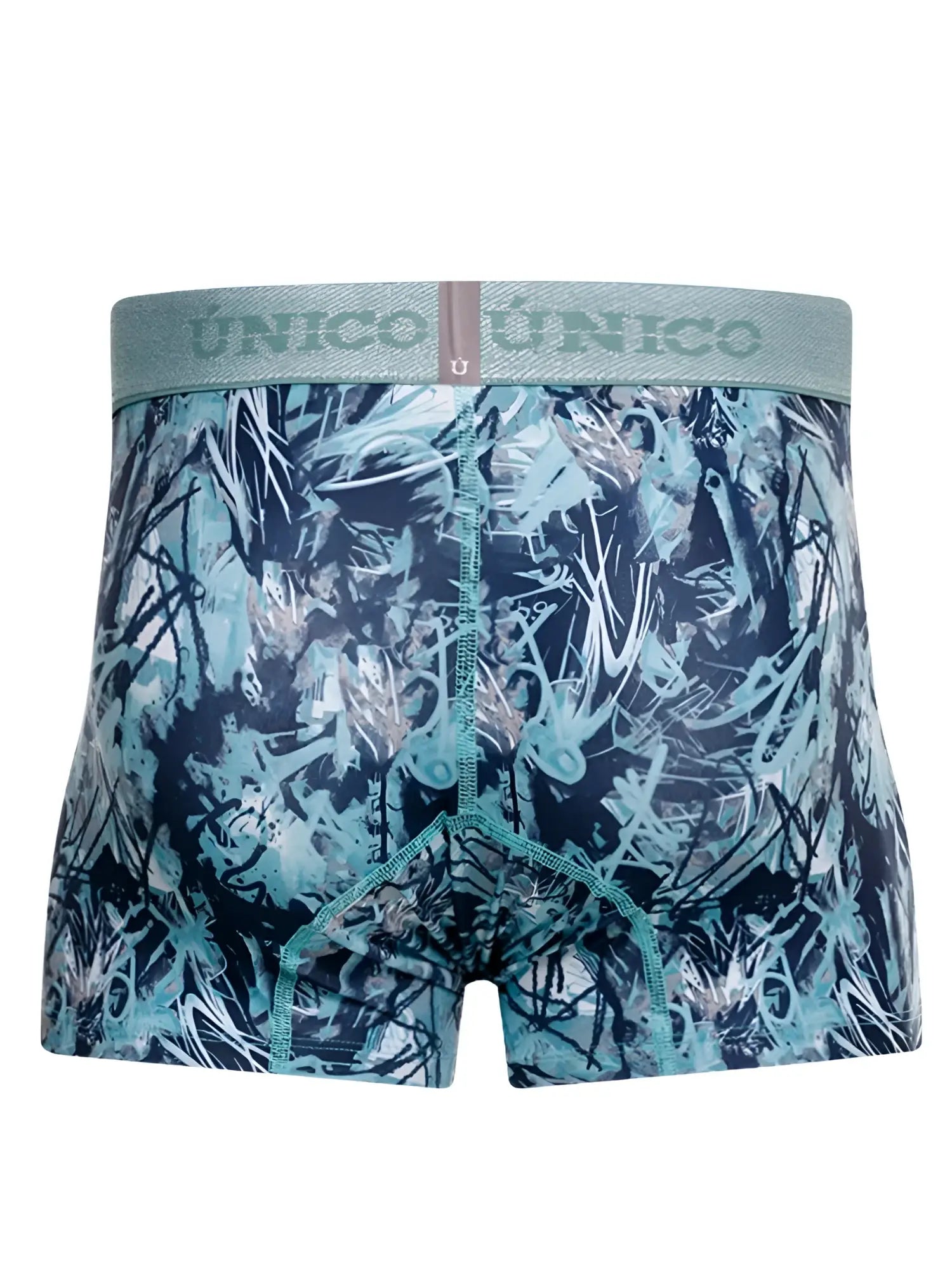 Unico men’s teal and navy blue patterned boxer briefs with textured waistband in color 43 blue trunks style