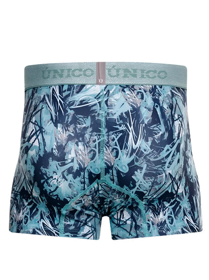 Unico men’s teal and navy blue patterned boxer briefs with textured waistband in color 43 blue trunks style