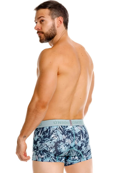 Blue and white tropical leaf patterned men’s boxer briefs with light gray unico waistband trunks color 43 blue
