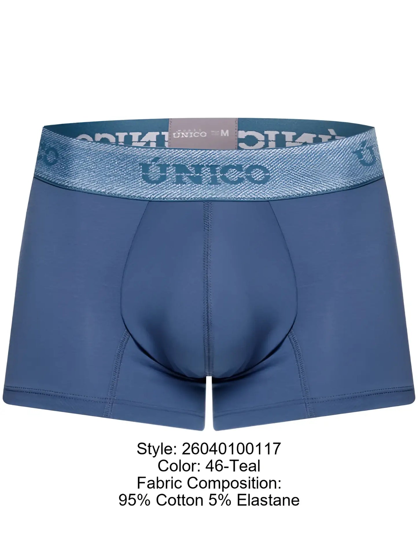 Teal unico 26040100117 classic trunks premium men’s boxer briefs cotton elastane with logo waistband front view