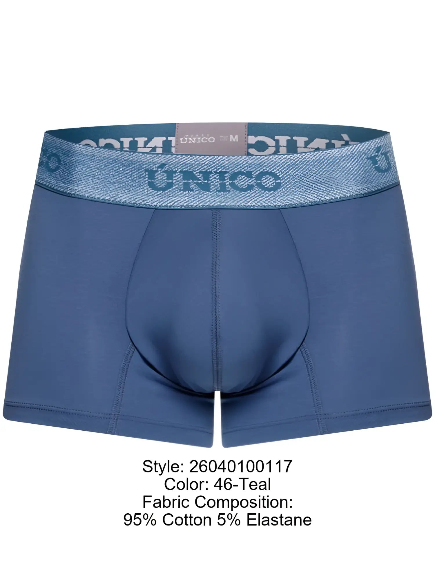 Teal unico 26040100117 classic trunks premium men’s boxer briefs cotton elastane with logo waistband front view