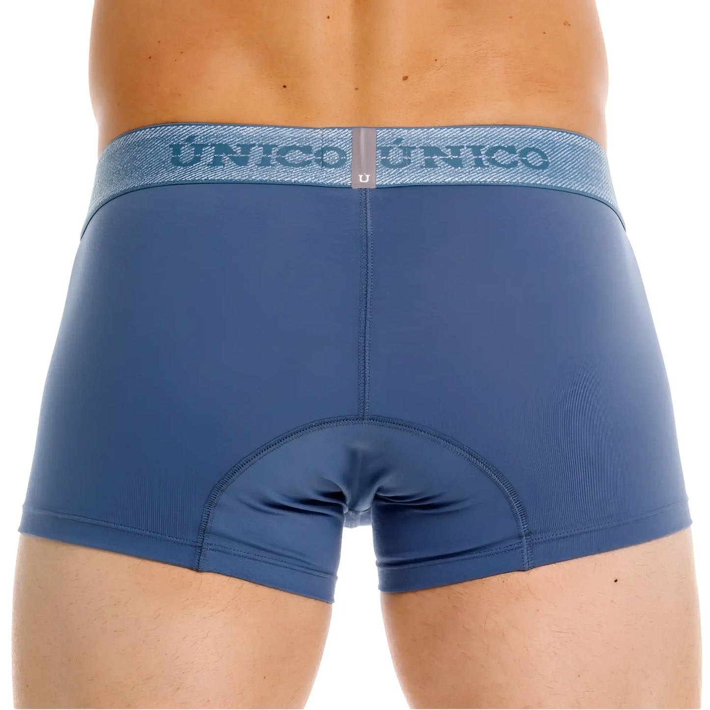Blue unico boxer briefs with a textured gray waistband featuring the brand name in teal premium everyday trunks