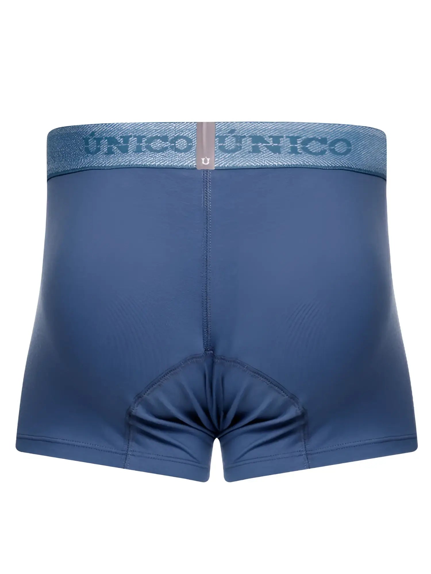 Blue unico brand boxer briefs in teal with matching waistband featuring brand name and logo for everyday wear