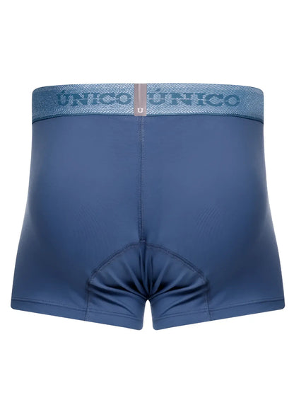 Blue unico brand boxer briefs in teal with matching waistband featuring brand name and logo for everyday wear