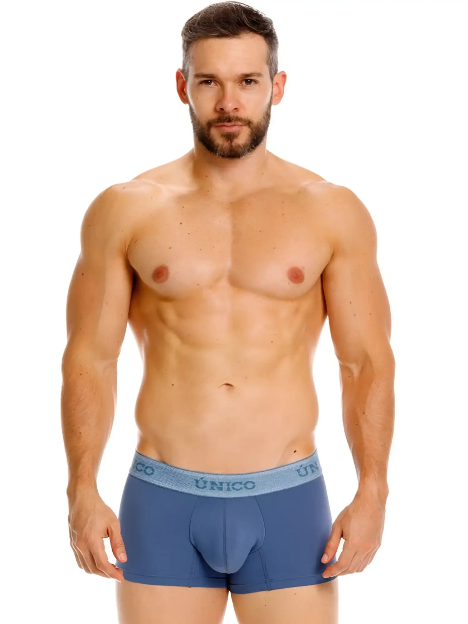 Blue men’s briefs with a light blue unico elastic waistband classic trunks in teal for premium everyday wear