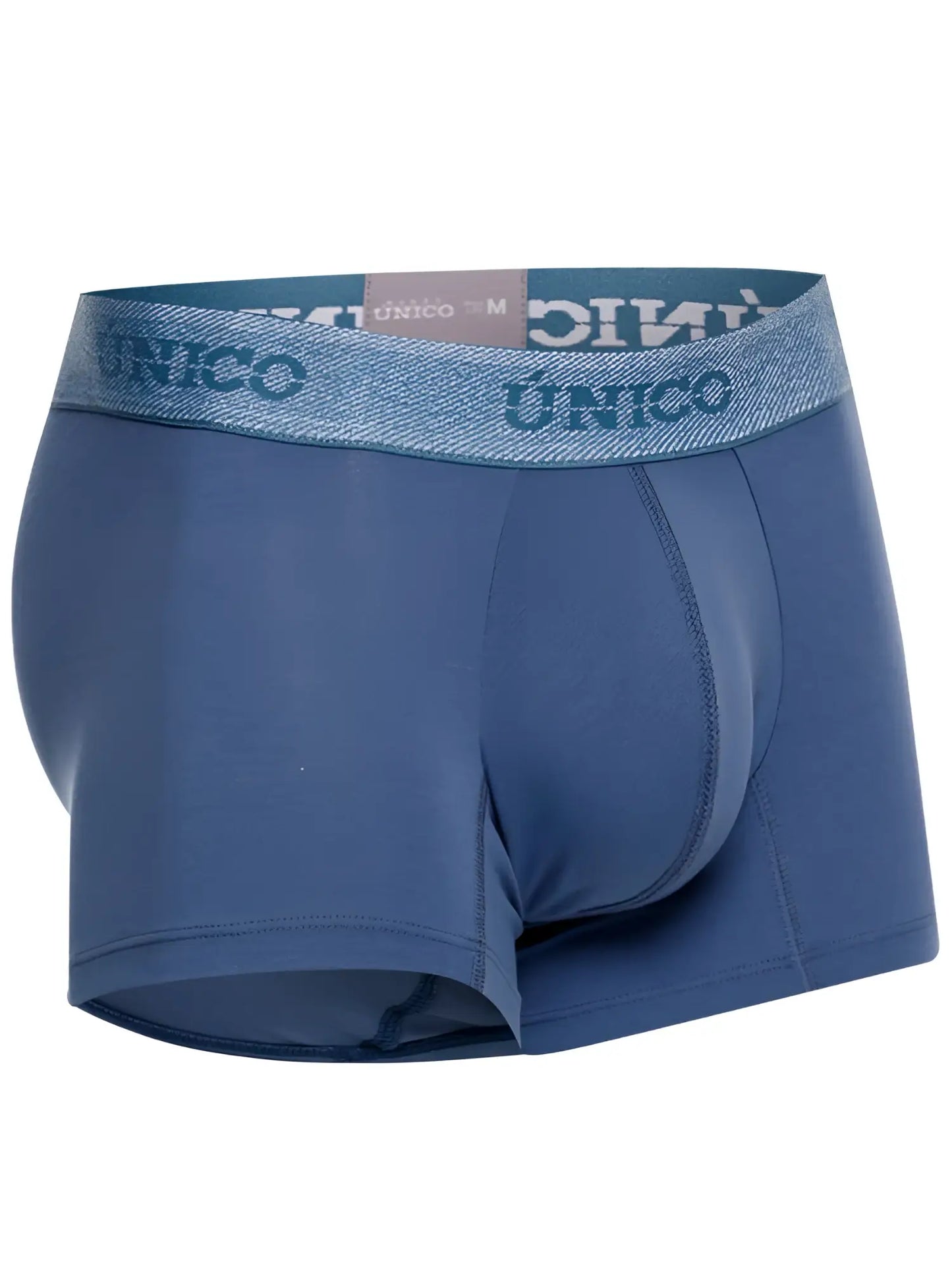 Blue unico men’s boxer briefs with a textured waistband featuring the brand name in matching blue lettering