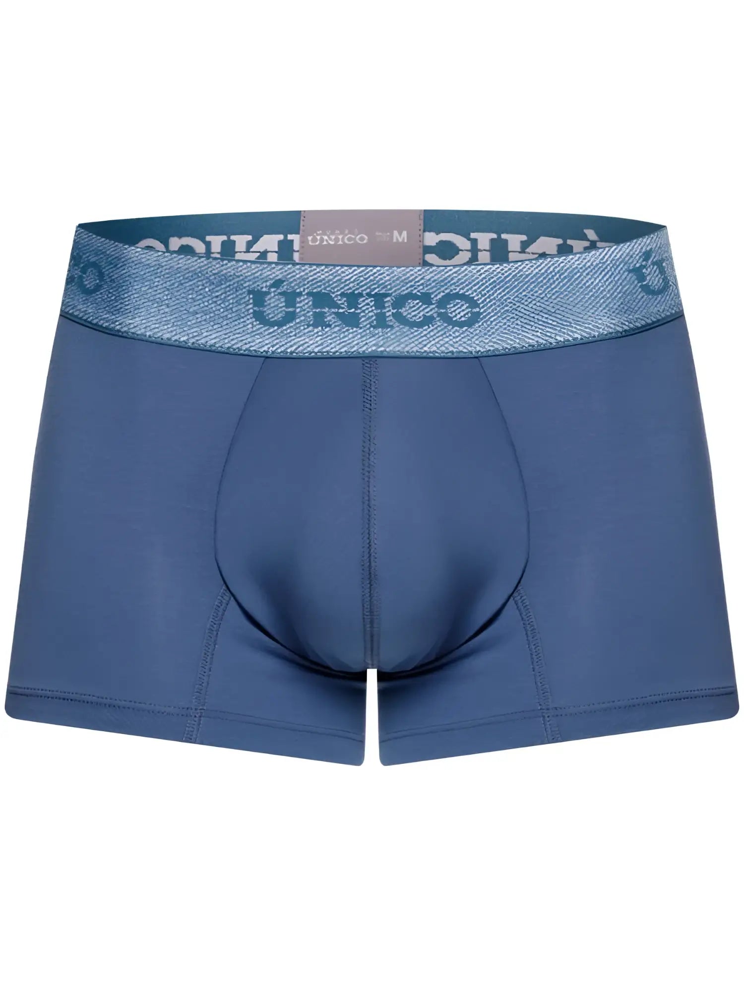 Blue unico men’s boxer briefs with textured waistband and matching blue brand lettering in premium teal color