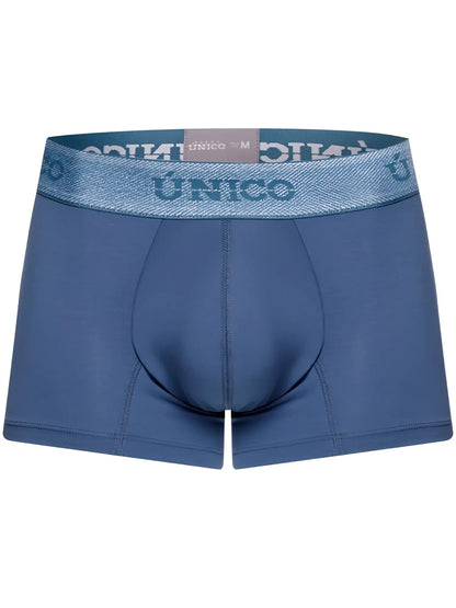 Blue unico men’s boxer briefs with textured waistband and matching blue brand lettering in premium teal color