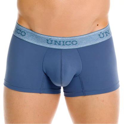 Blue unico men’s boxer briefs with textured waistband featuring matching blue unico lettering for everyday wear