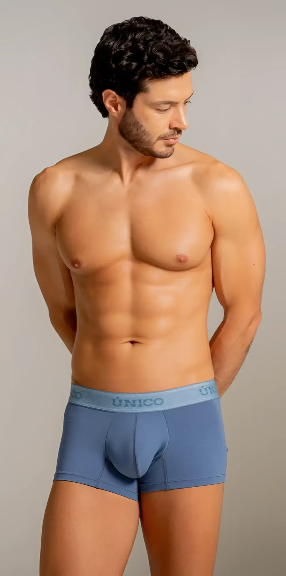 Blue unico classic trunks mens boxer briefs with light blue unico logo waistband in teal for everyday wear