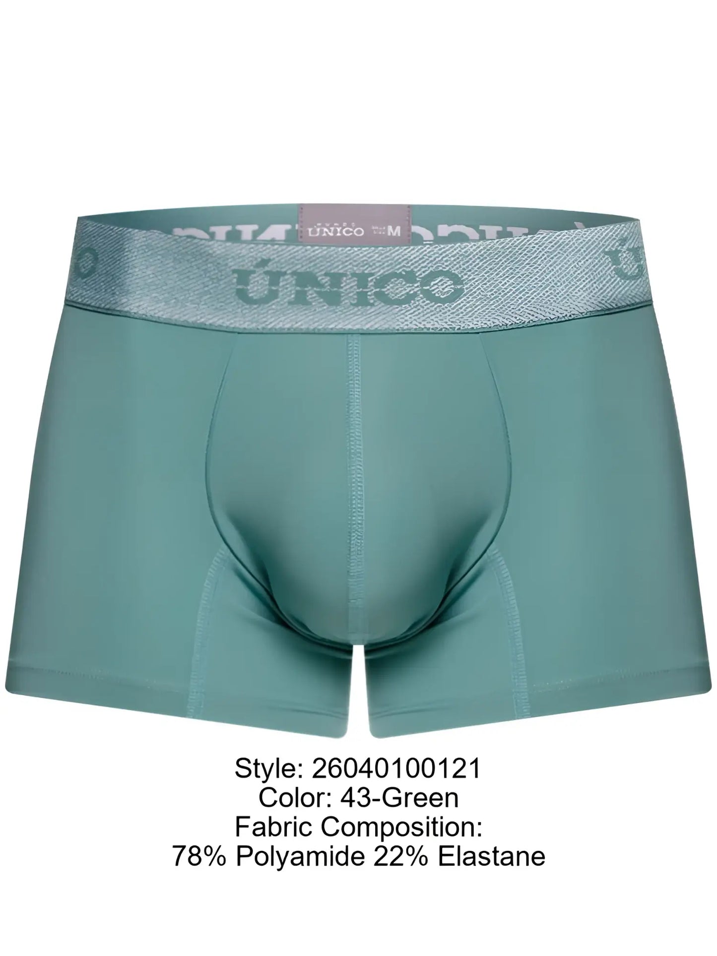 Teal men’s boxer briefs with silver glitter waistband featuring único logo ceramic trunks color 43 green