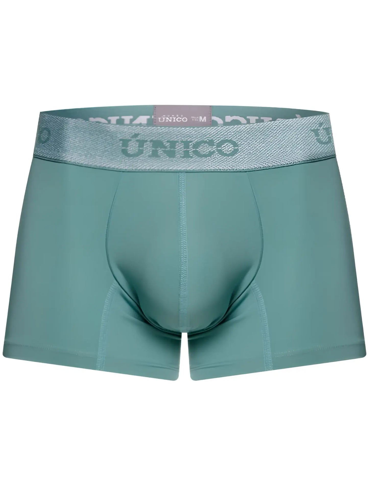 Teal ceramic trunks with a silver glittery waistband featuring unico brand logo color 43 green