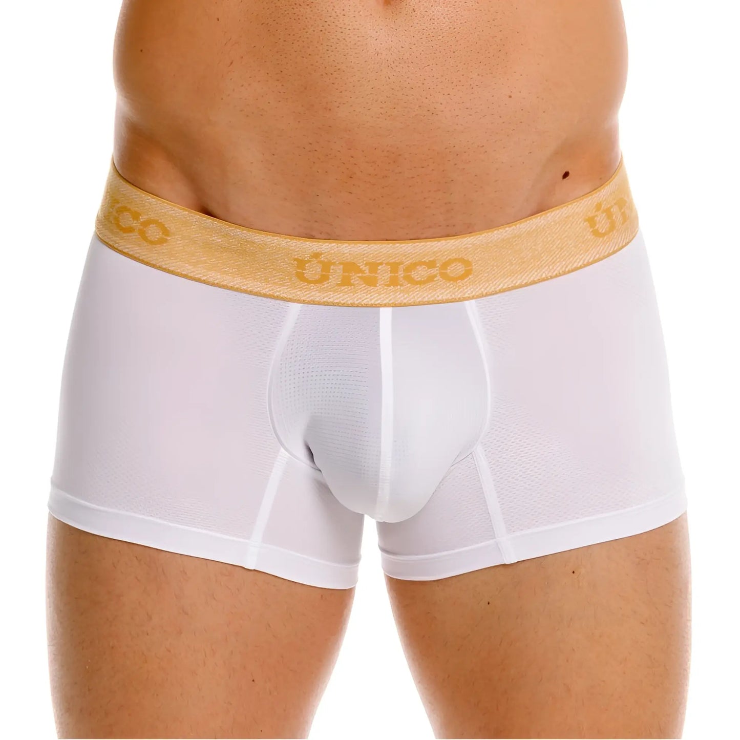 White Unico boxer briefs with gold elastic waistband branded Unico 26040100125 Amber trunks premium athletic fit