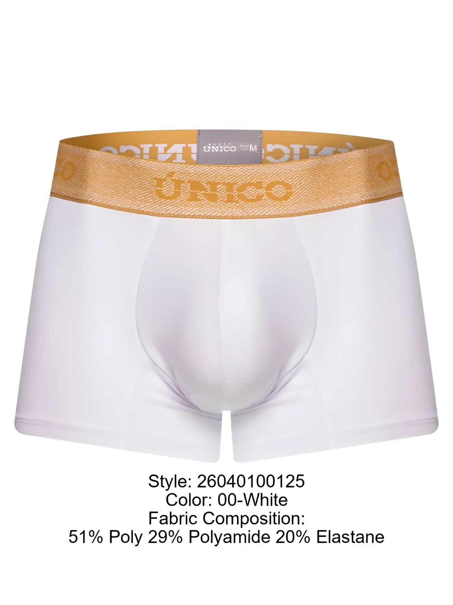 White unico men’s briefs with premium athletic fit and gold elastic waistband featuring brand name lettering