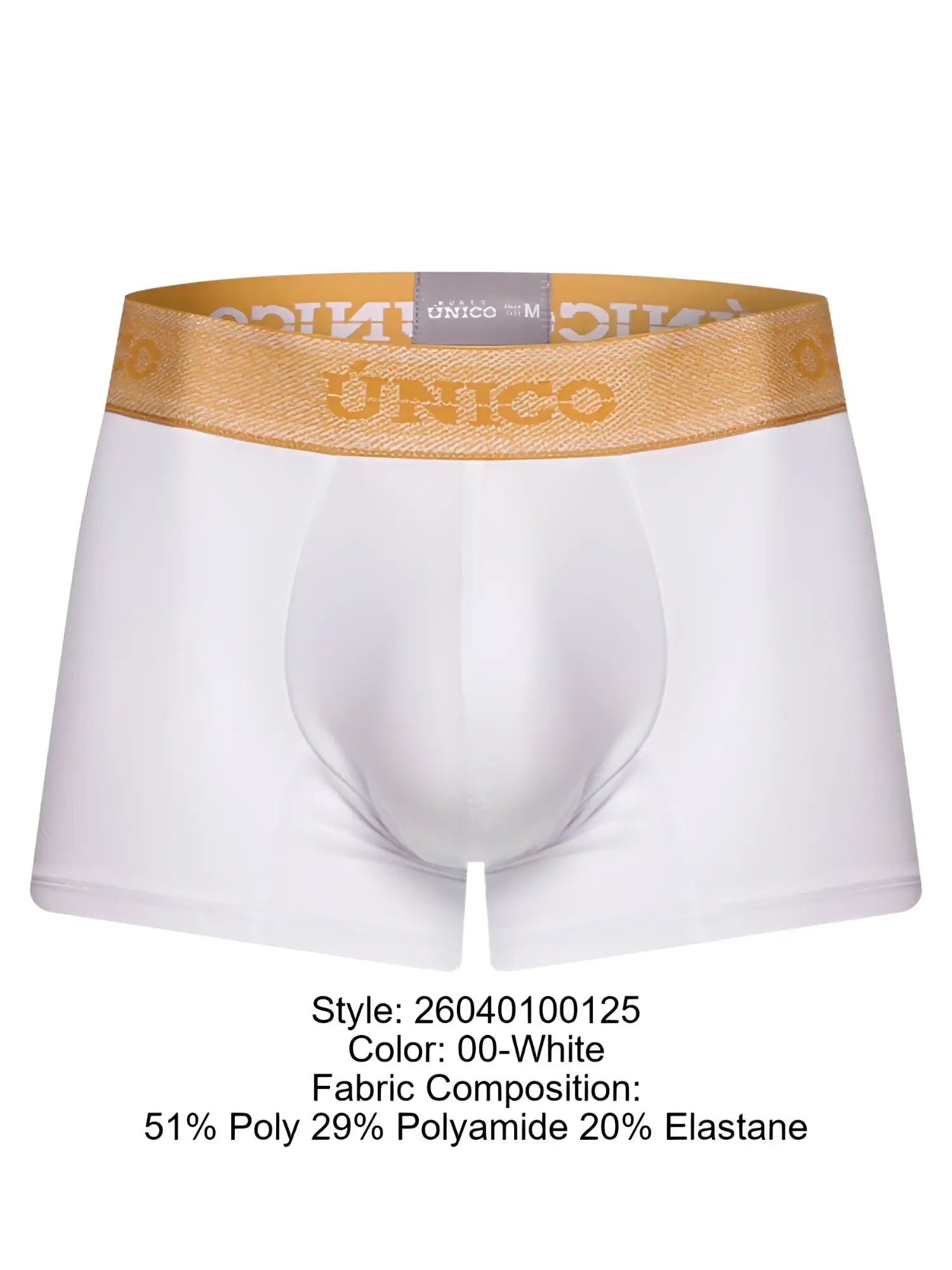 White unico men’s briefs with premium athletic fit and gold elastic waistband featuring brand name lettering