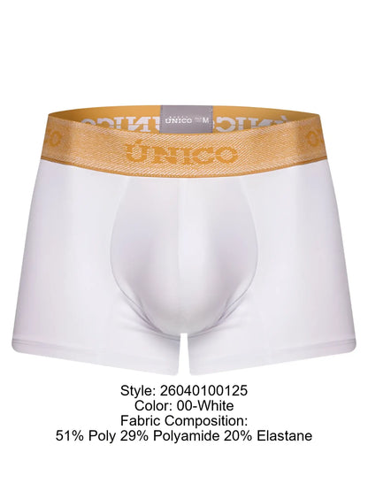 White unico men’s briefs with premium athletic fit and gold elastic waistband featuring brand name lettering
