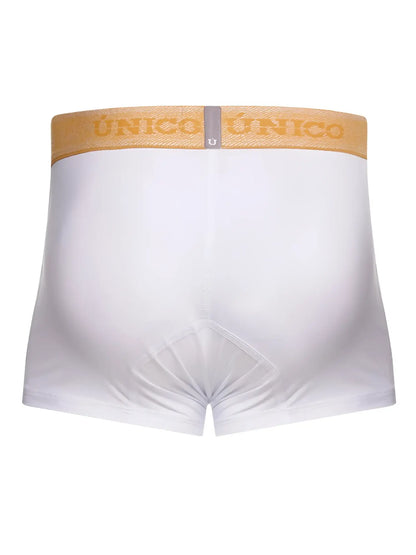 White unico 26040100125 amber trunks with tan waistband and gold unico logo in premium athletic fit briefs