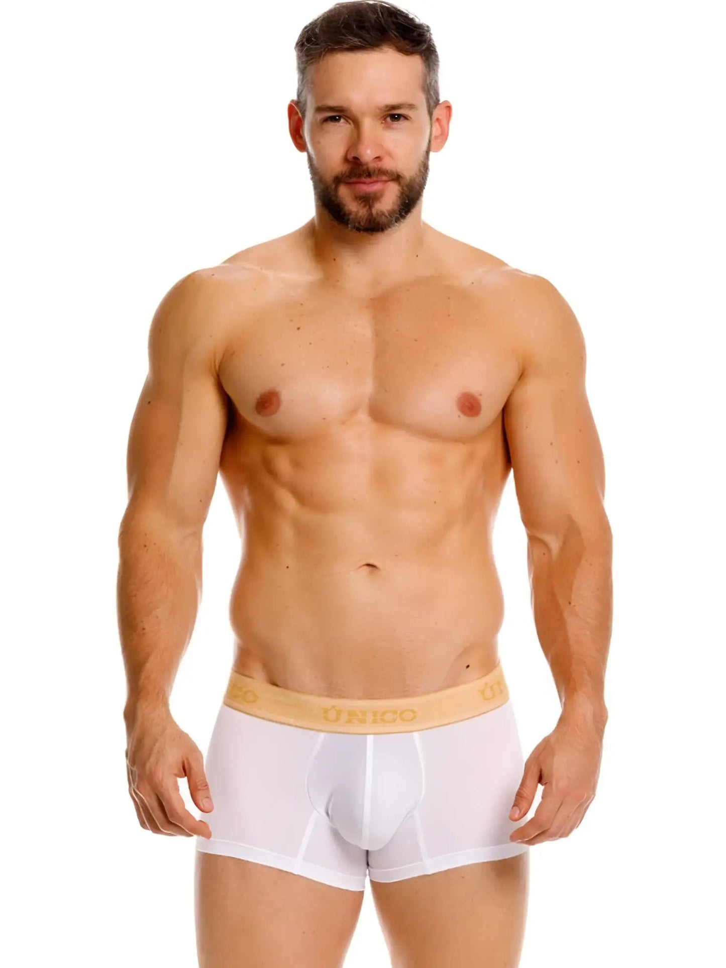 White unico 26040100125 amber trunks with tan elastic waistband and gold logo premium athletic fit briefs