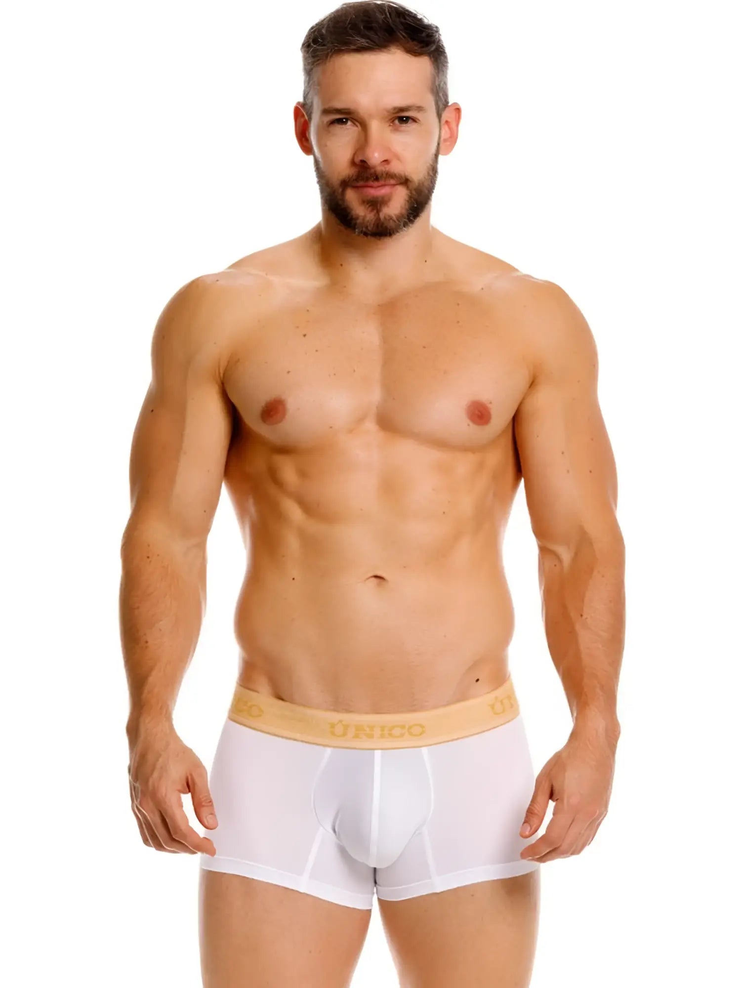 White unico 26040100125 amber trunks with tan elastic waistband and gold logo premium athletic fit briefs