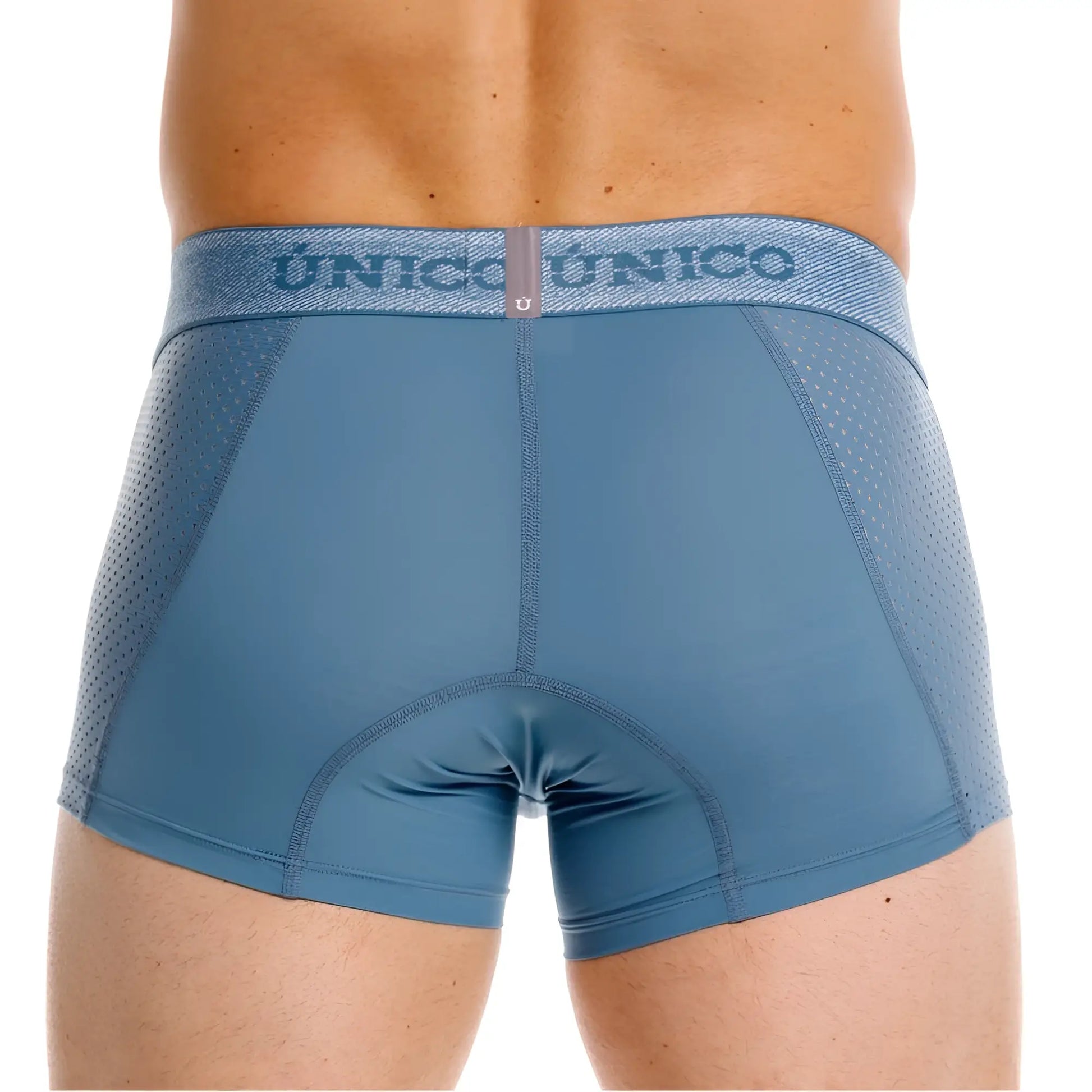Blue unico classic trunks with mesh panel and waistband logo in color 46-blue for premium athletic comfort