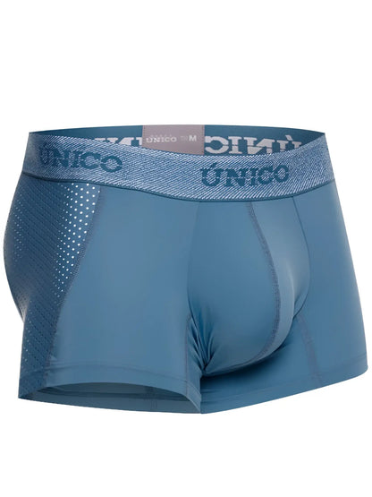Blue unico men’s boxer briefs with textured waistband and mesh paneling for premium athletic comfort