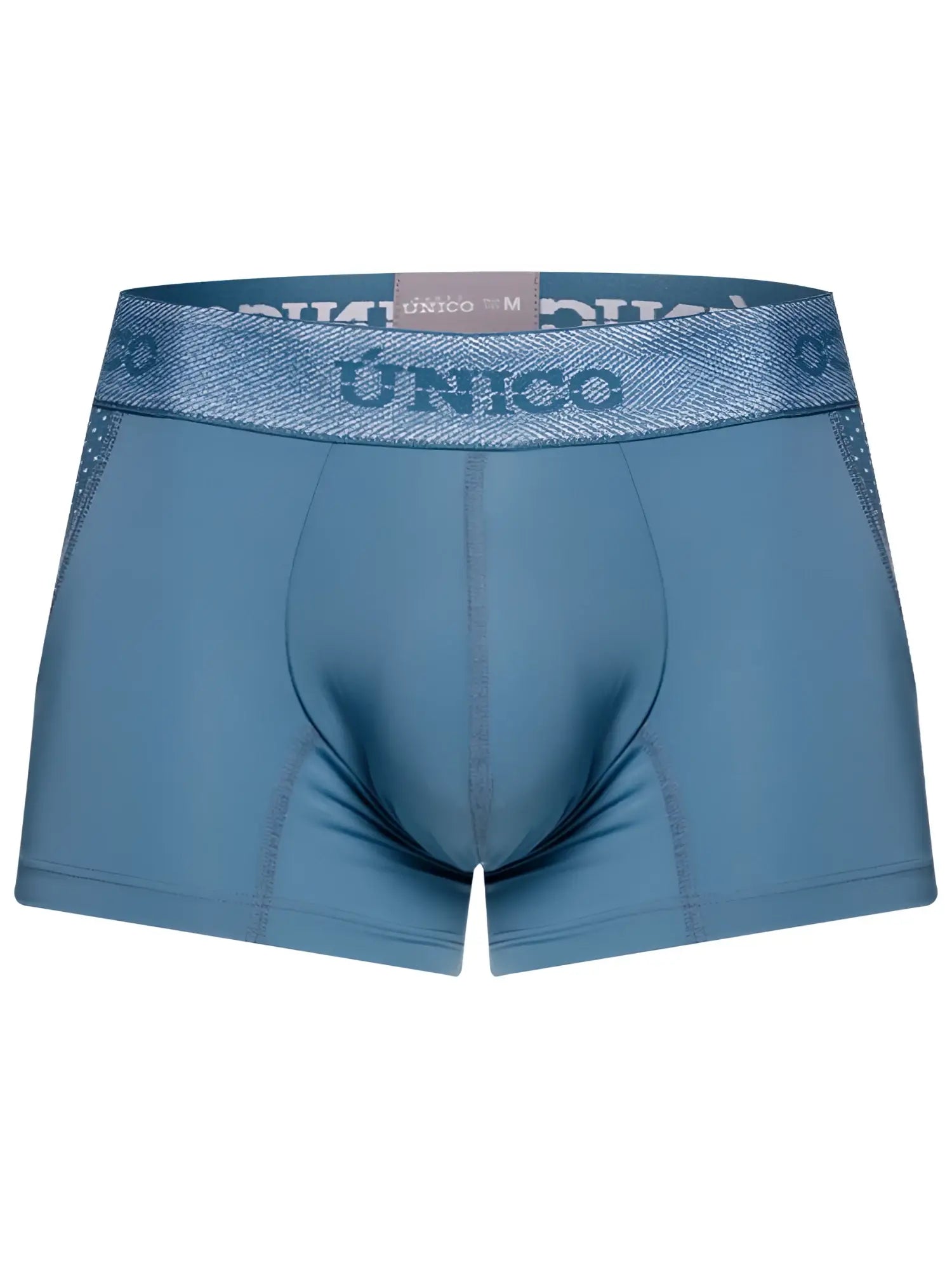 Blue unico men’s boxer briefs with textured waistband and subtle side panels for premium athletic comfort