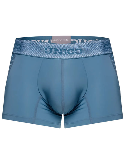 Blue unico men’s boxer briefs with textured waistband and subtle side panels for premium athletic comfort